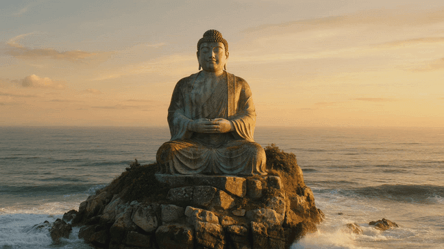 Buddha statue on a rocky island at sunset