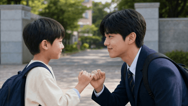 Child making promise and high school student