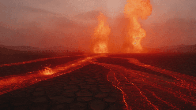 Erupting flames and flowing lava