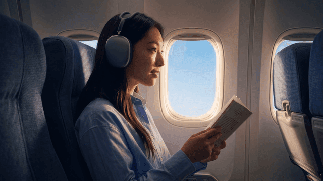 Woman reading a book on an airplane