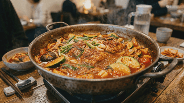 Spicy fish stew on table