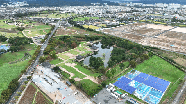 Aerial view of historic Hanok and lake