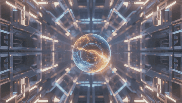 Futuristic glowing sphere in high-tech passageway