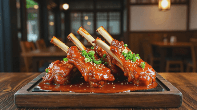 Spicy braised beef short ribs served on wooden plate