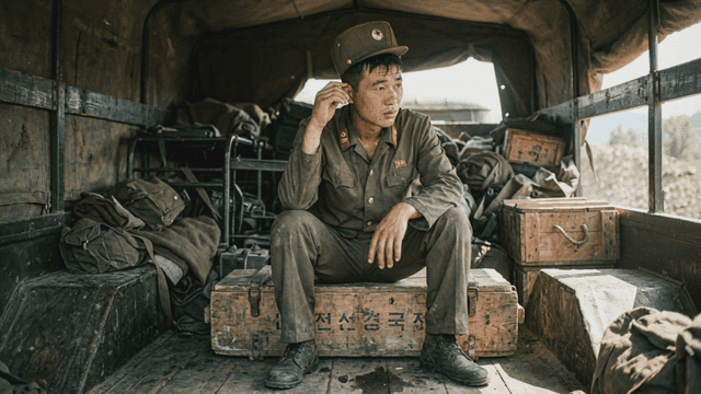North Korean soldier riding in truck