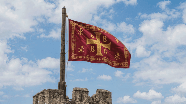 Historic Byzantine flag fluttering atop castle