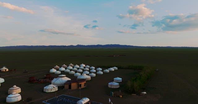 Vast landscape with traditional yurts