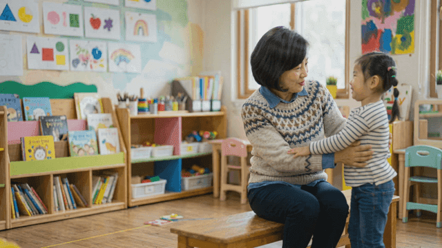 Happy children and teachers in kindergarten classroom