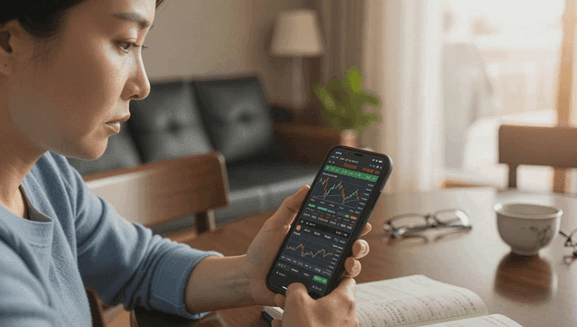 휴대폰으로 주식 시장 주가 차트를 보는 중년 여성