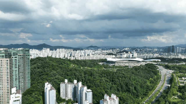 Vast city landscape with lush greenery