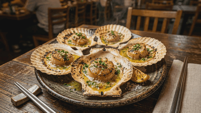 Grilled scallops served in a cozy restaurant