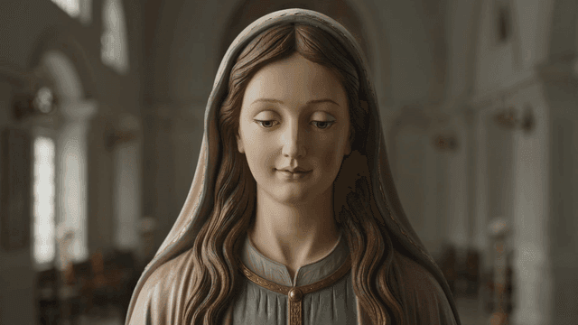 Peaceful statue of Virgin Mary in quiet cathedral
