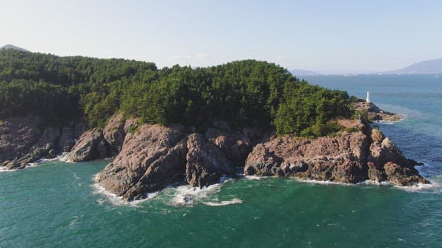 푸른 숲이 있는 바위 해안선