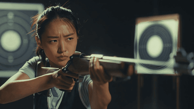 Focused shooting athlete aiming at target