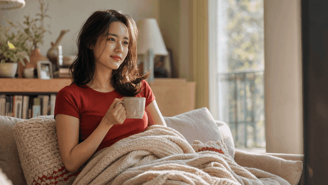 Woman enjoying a cozy morning with a cup of coffee