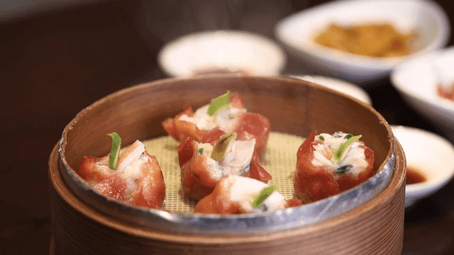 Dim sum steamed in bamboo steamer