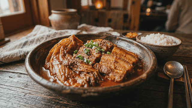 Kimchi stew and rice on table