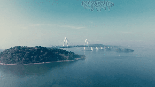 A bridge over a misty sea with an island