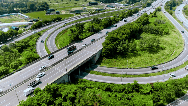 푸른 녹지 사이로 둥근 고속도로