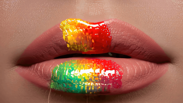 다채로운 입술 화장을 한 입술 클로즈업