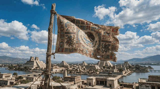 Aztec flags fluttering in wind and ancient ruins