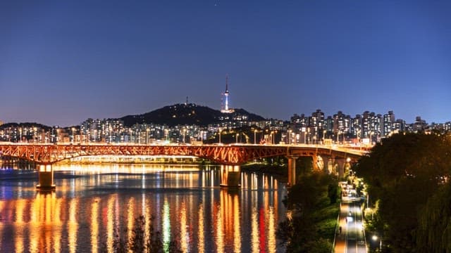 Night view of a brightly lit bridge and city skyline