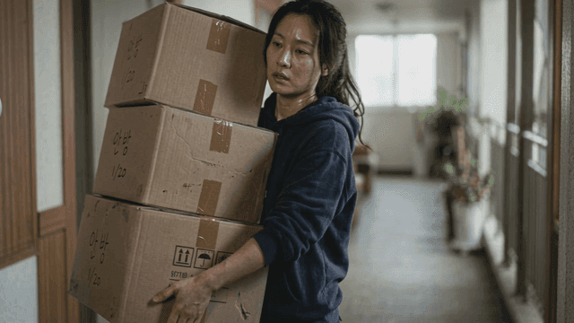 Woman struggling to carry box while walking down hallway