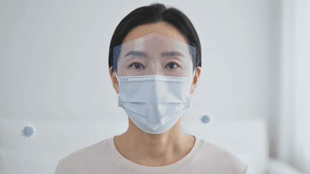 People wearing masks and face shields and virus