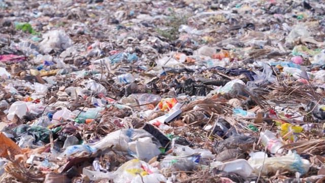 Landfill site filled with various types of garbage scattered across the ground