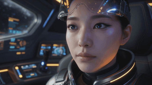Focused astronaut in cockpit of future spaceship