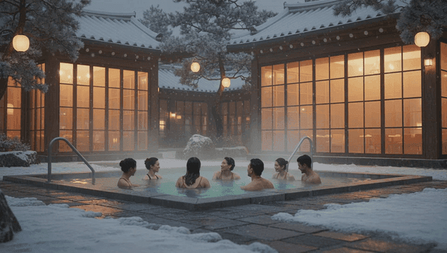 겨울 온천을 즐기는 다양한 인종의 사람들