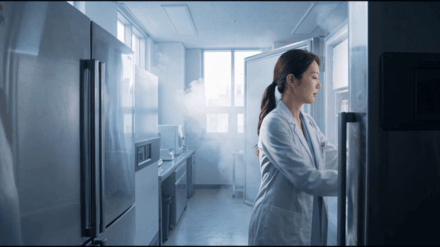 Scientist taking sample out of refrigerator in laboratory