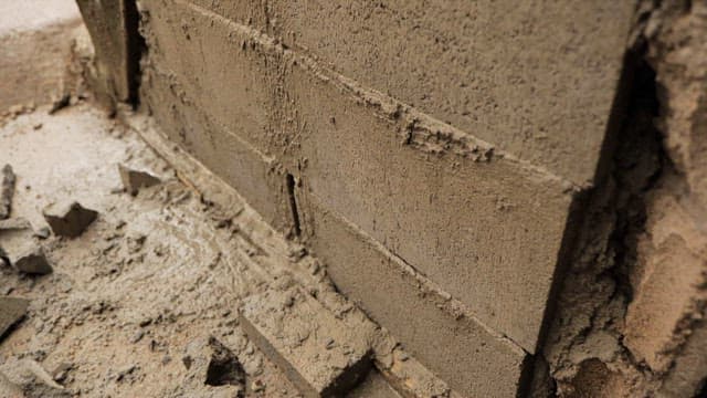 Cross section of a wall constructed of cement and bricks