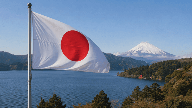 Japanese flag waving with Mount Fuji in the background