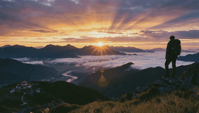 Hiker watching sunrise over mountain peaks