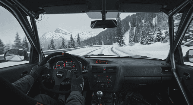 Driving through snowy mountain roads