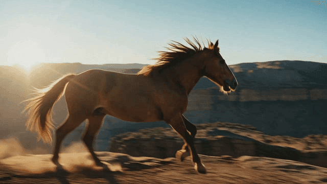 Powerful horse running over cliff at sunrise