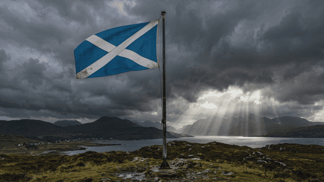 Scottish flag on hill beneath dark clouds
