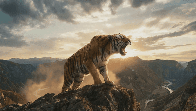 Tiger roaring on a mountain at sunrise