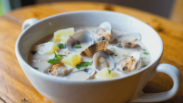 Creamy clam soup with herbs.