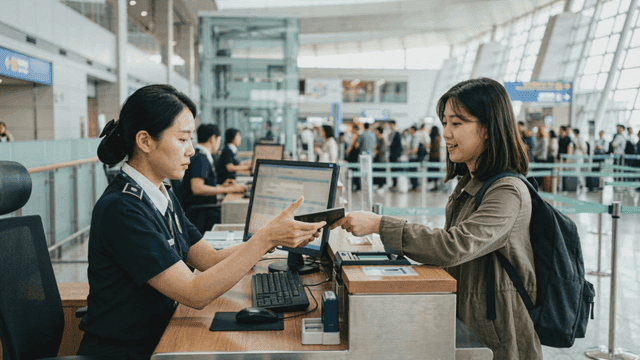 Woman getting her passport checked at airport counter