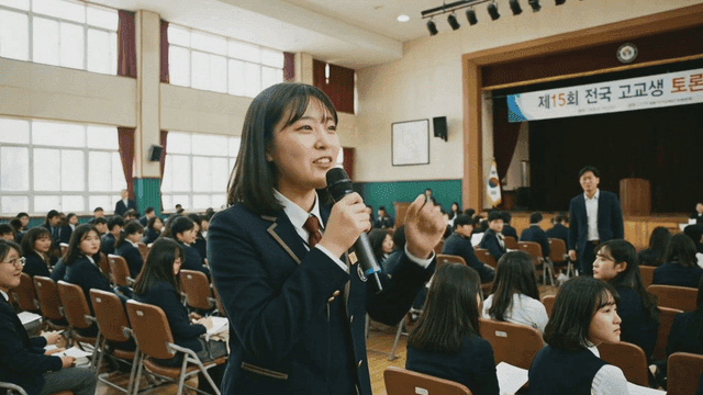 High school debate competition in a hall
