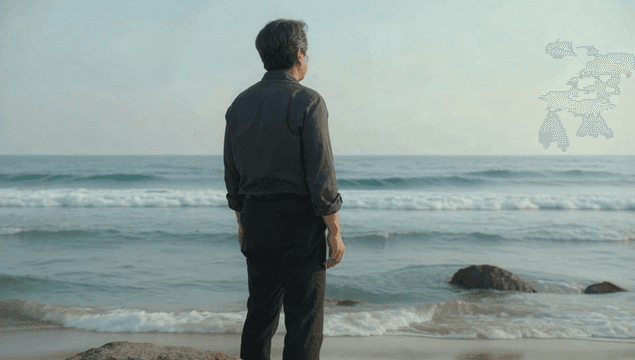 바닷가에서 사색하는 노인 남성