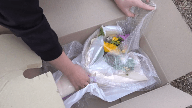 Unboxing a bouquet of colorful flowers