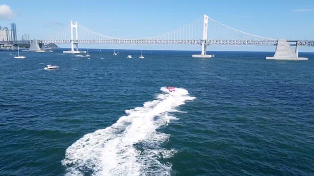 화창한 날 해안 도시 근처 바다에서 즐기는 수상 레저