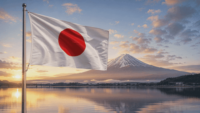 Japanese flag with sunset over Mount Fuji