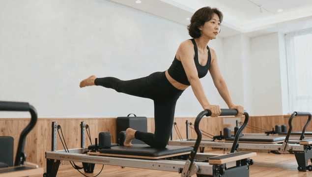 Middle-aged woman practicing Pilates on reformer