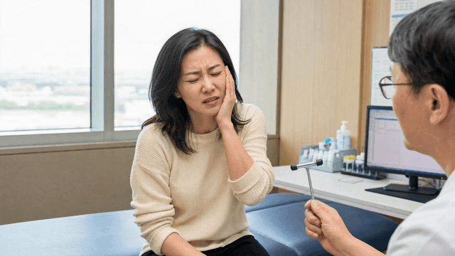 Woman clutching her jaw in pain in doctor's office