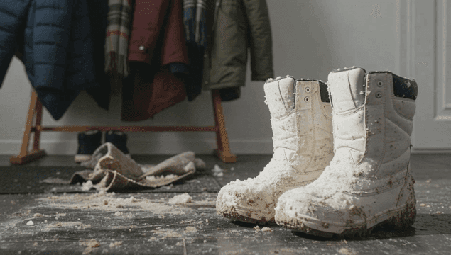 현관 앞에 놓인 눈 덮인 겨울 부츠