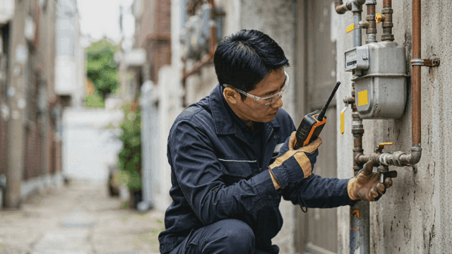 Technician inspecting gas meter in alley